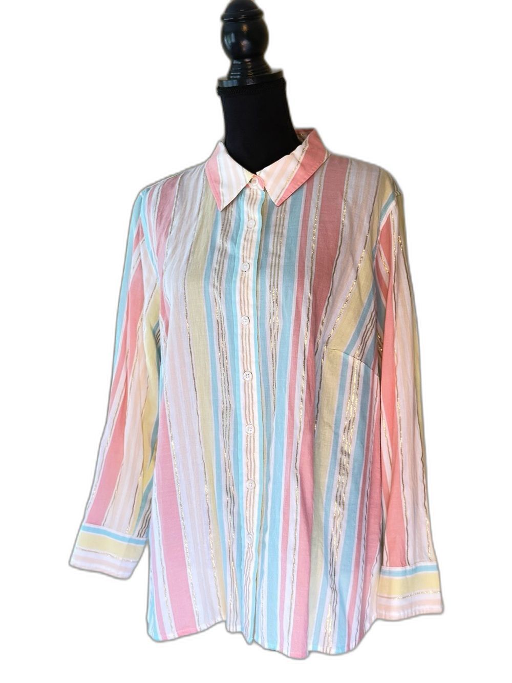 Talbots Pastel Striped Gold Metallic Button Down Blouse NWOT 2XP Plus Petite